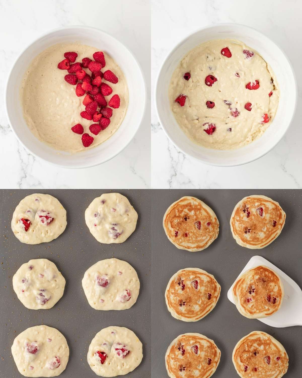 4 image collage of the steps for a raspberry pancake recipe. Top left is the batter bowl with the raspberries added on top, top right is the batter with the folded raspberries in the batter, bottom left is cooking the first side of the pancakes, the bottom right is after flipping the raspberry pancakes using a spatula to remove them.