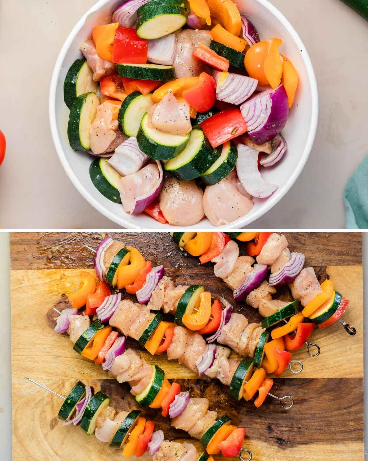 two image collage. top image is overhead view of chicken and veggies in a bowl marinating. Bottom image the chicken kabobs with veggies are threaded through a skewer