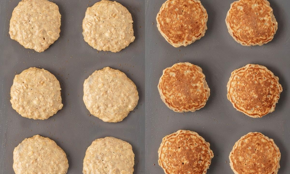 two image collage. on left first side of cooking oatmeal pancakes and on right, after they've been flipped. 