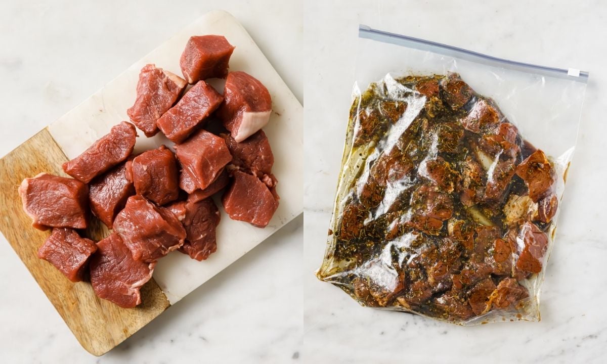 On the left, cubed steak over a board; on the right, a zip bag with marinade and beef cubes.