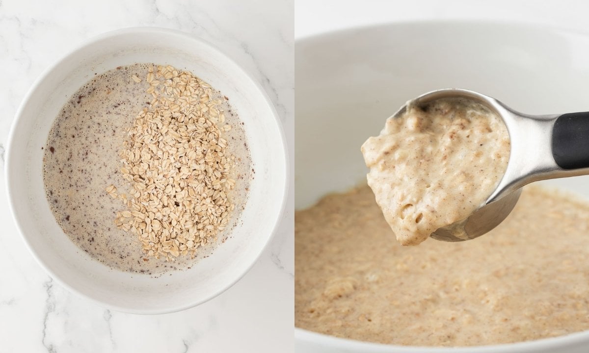 2 image collage. on left there's the liquid ingredients and old fashioned oats in a bowl. On the right is the banana oatmeal batter close up inside a measuring scoop to show what the batter should look like