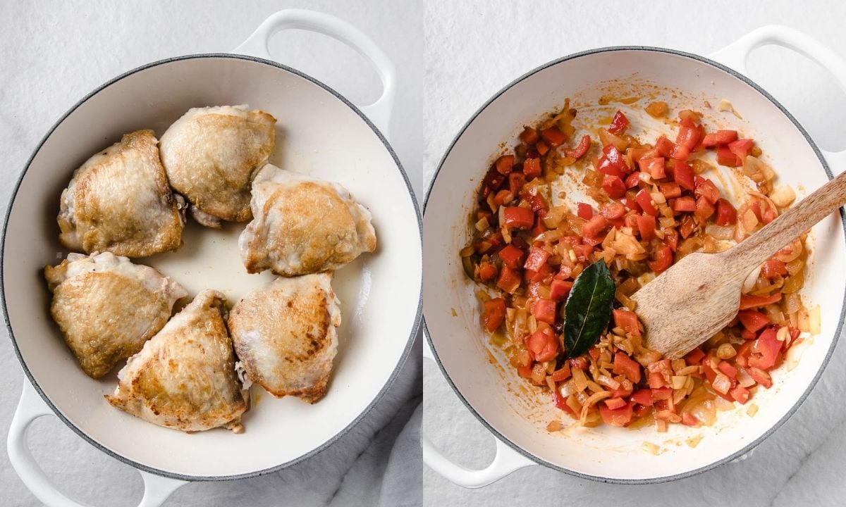 2 image collage for steps to make chicken thighs and rice. on left are the seared chicken thighs in the skillet. on the right shows sauteeing veggies.