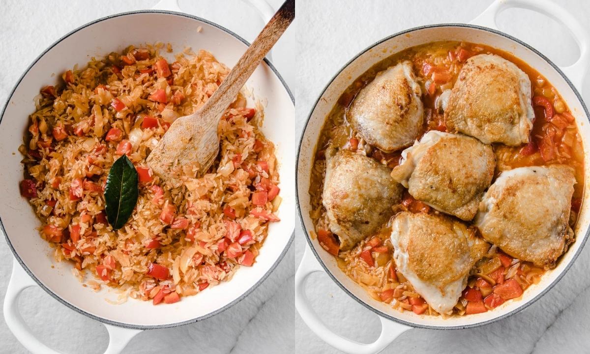 2 image collage for steps to make chicken thighs and rice. on left shows sauteeing the rice with the veggies and on the rice is after adding liquid and thighs back in