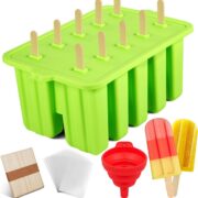 green silicone popsicle mold with smalles images of accesories and popsicles below.