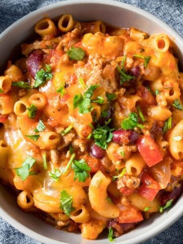 a bowl of chili mac