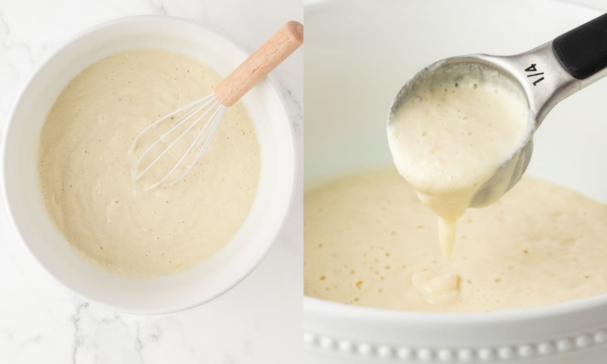 2 image collage of rice flour pancake batter. on left is the batter after mixing on the right is after waiting 10 minutes before cooking.