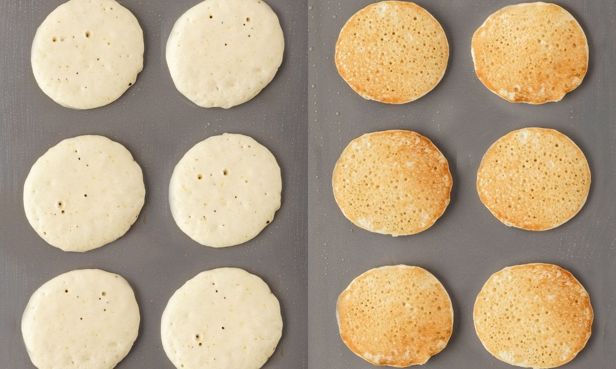 side by side image of rice flour pancakes. on left is cooking the first side on the right is after flipping the pancakes over.