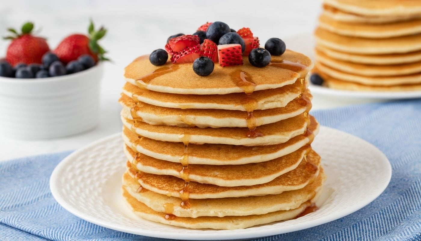 fluffy stack of pancakes made with rice flour on a plate. topped with diced strawberries and blueberries and drizzled with pancake syrup