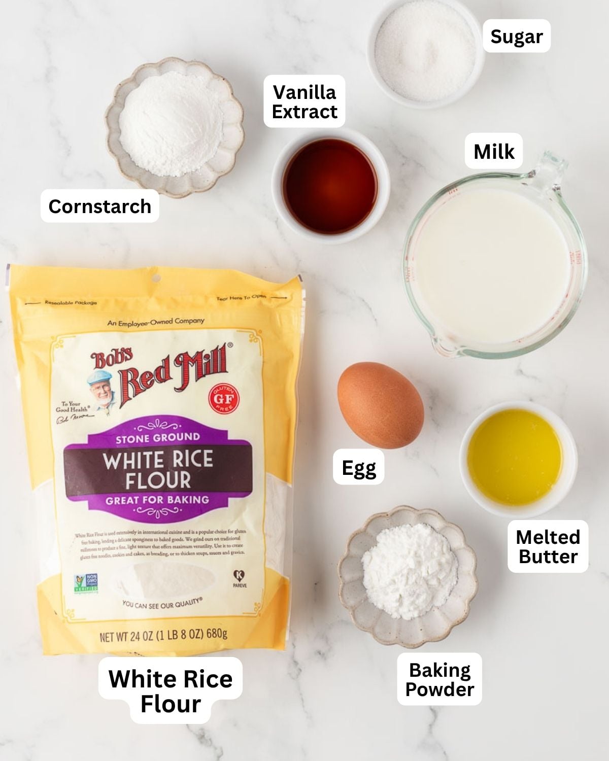 overhead view of labeled ingredients needed to make rice flour pancakes