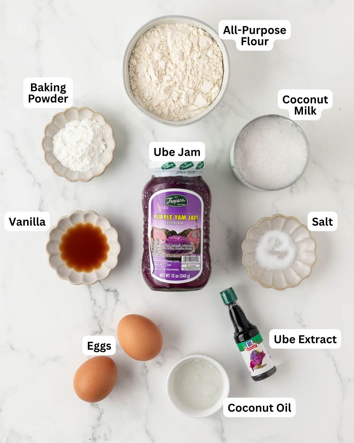 overhead image of ingredients needed to make ube pancakes with ingredients labeled