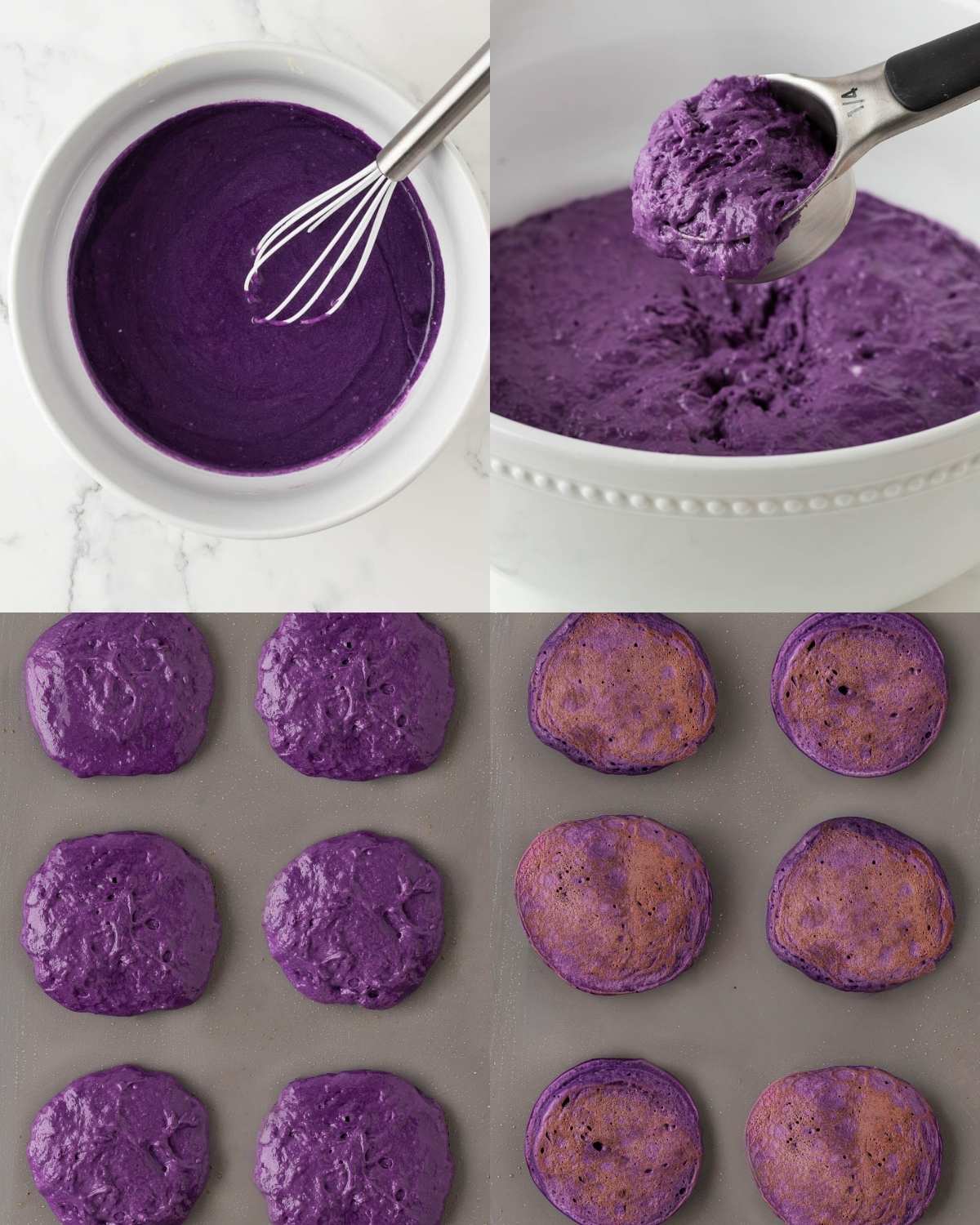 4 image collage of the steps to make ube pancakes. Top left is the wet ingredients in the bowl, top right is the batter showing texture, bottom left is cooking the first side of the purple pancakes, and bottom right is after flipping the ube pancakes