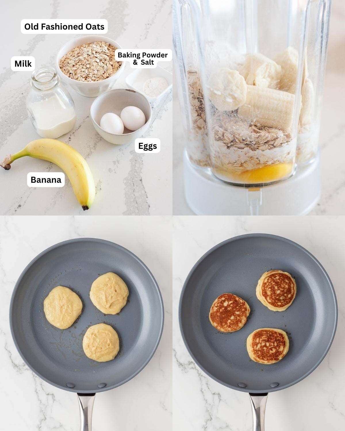 4 image collage. Top left are ingredients labeled to make healthy pancakes. Top right are all the ingredients in a blender. Bottom left shows cooking the first side of pancakes, bottom right shows cooking the second side after flipping.