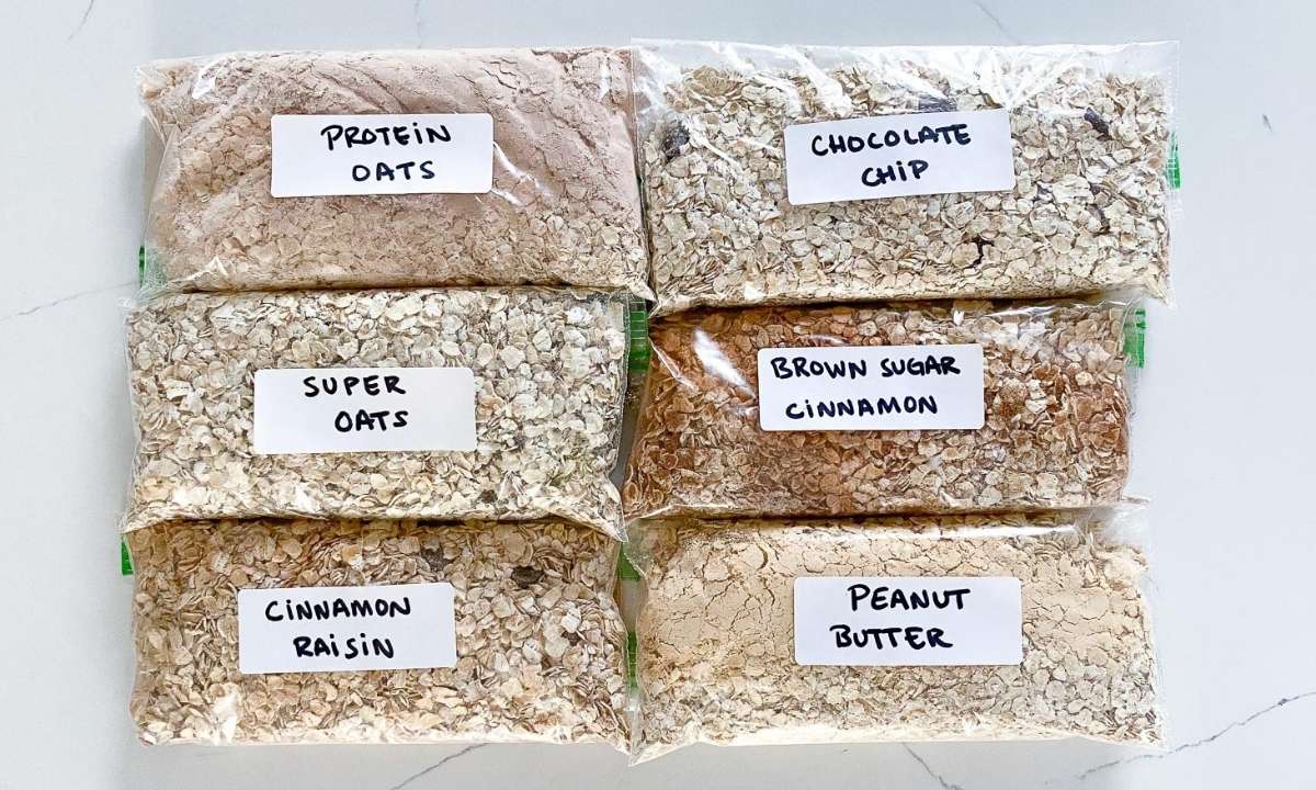 six homemade packets of flavored instant oatmeal labeled with the flavor's name