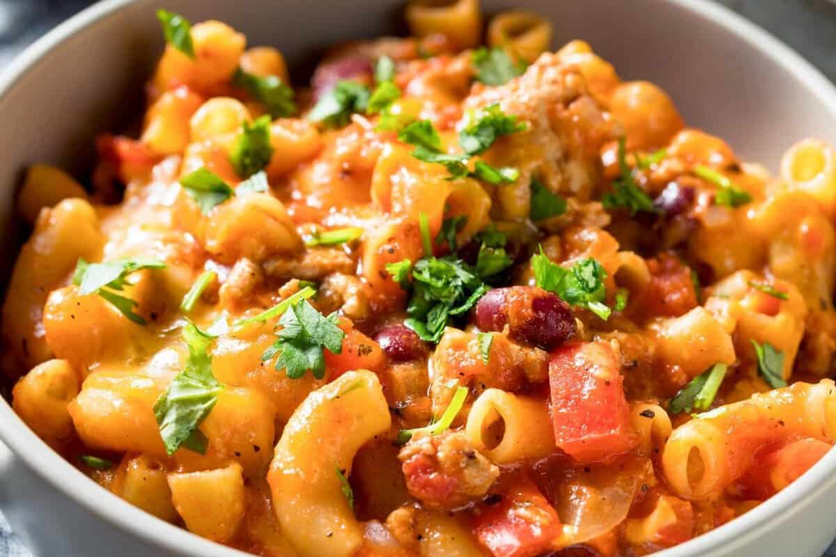 a bowl of chili mac