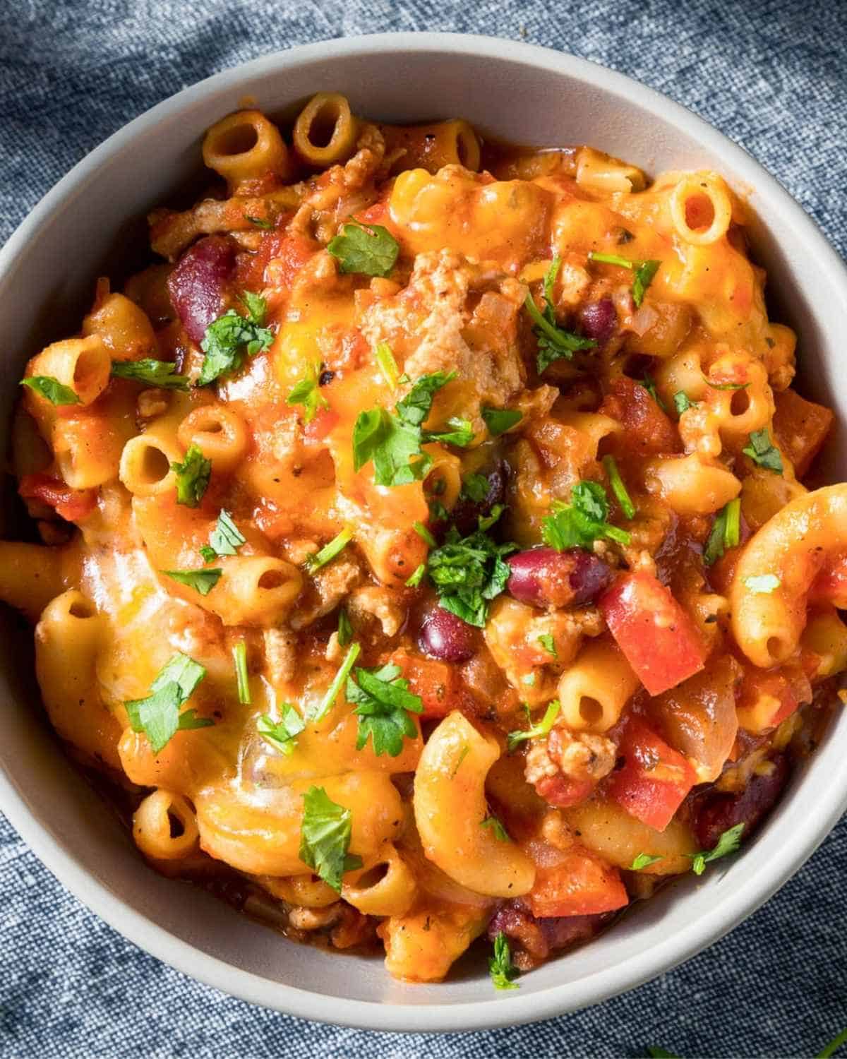 overhead view of a bowl of chili mac