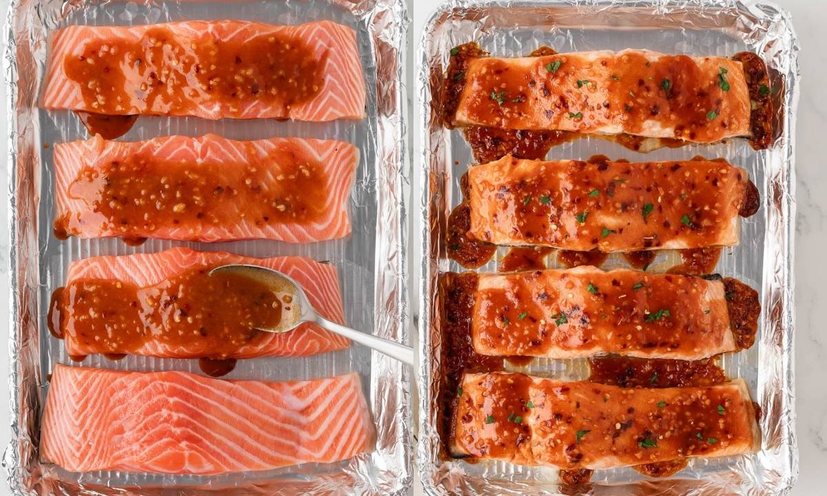 left: four salmon fillets on a baking sheet being drizzle with hot honey sauce; right: the same salmon fillets cooked