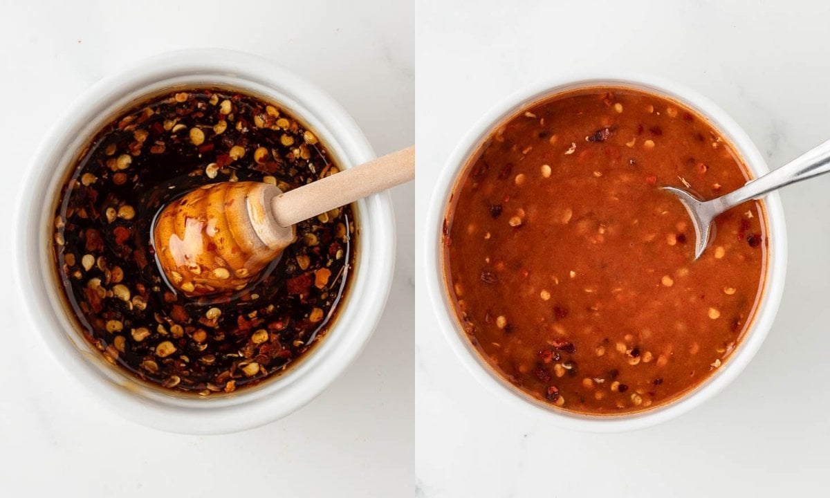 left: a bowl of hot honey; right; bowl of hot honey sauce