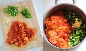 side by side image of homemade can salsa recipe steps. On left are the tomatoes chopped on a board with other chopped veggies. On right, is the salsa in a pot before cooking.