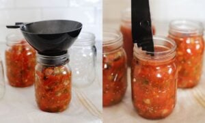 two image collage. on left, filling the Ball jar with salsa using a funnel. On right, measuring that there's enough headspace at the top (proper filing) before closing.