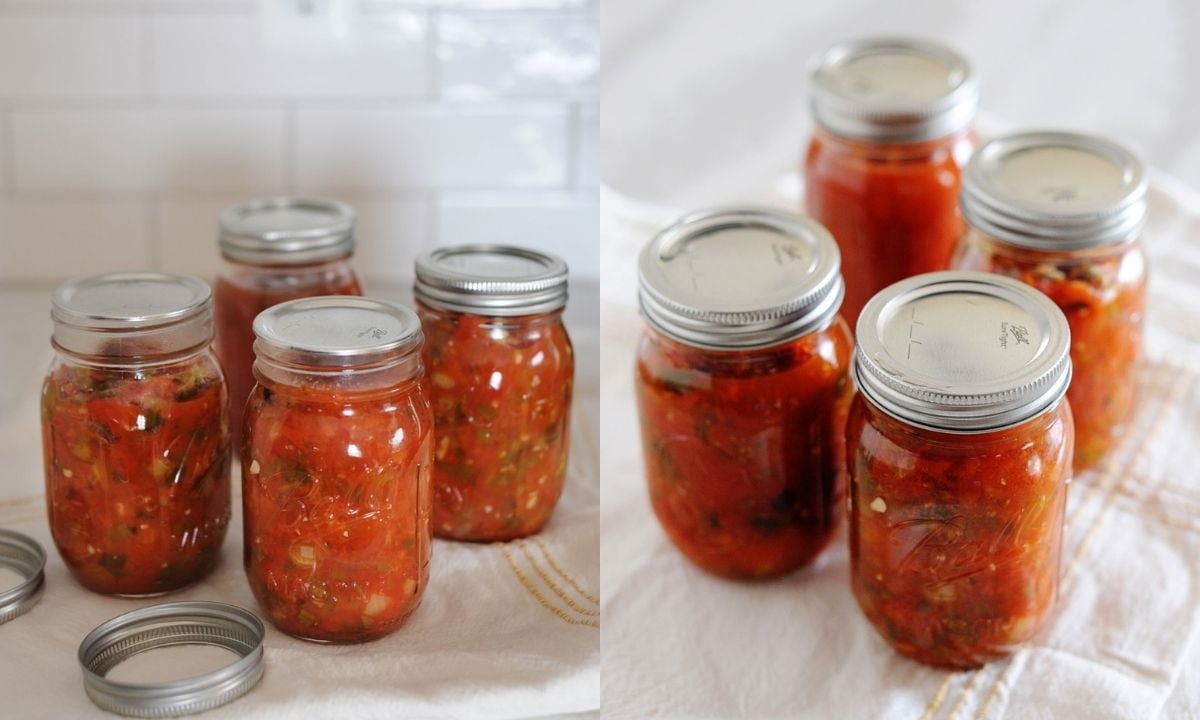 side by side image. on left Ball jars filled with canned salsa on the counter after cooling for 24h, some rings removed to test seals. On right, 4 pint jars fully sealed ready for storage.