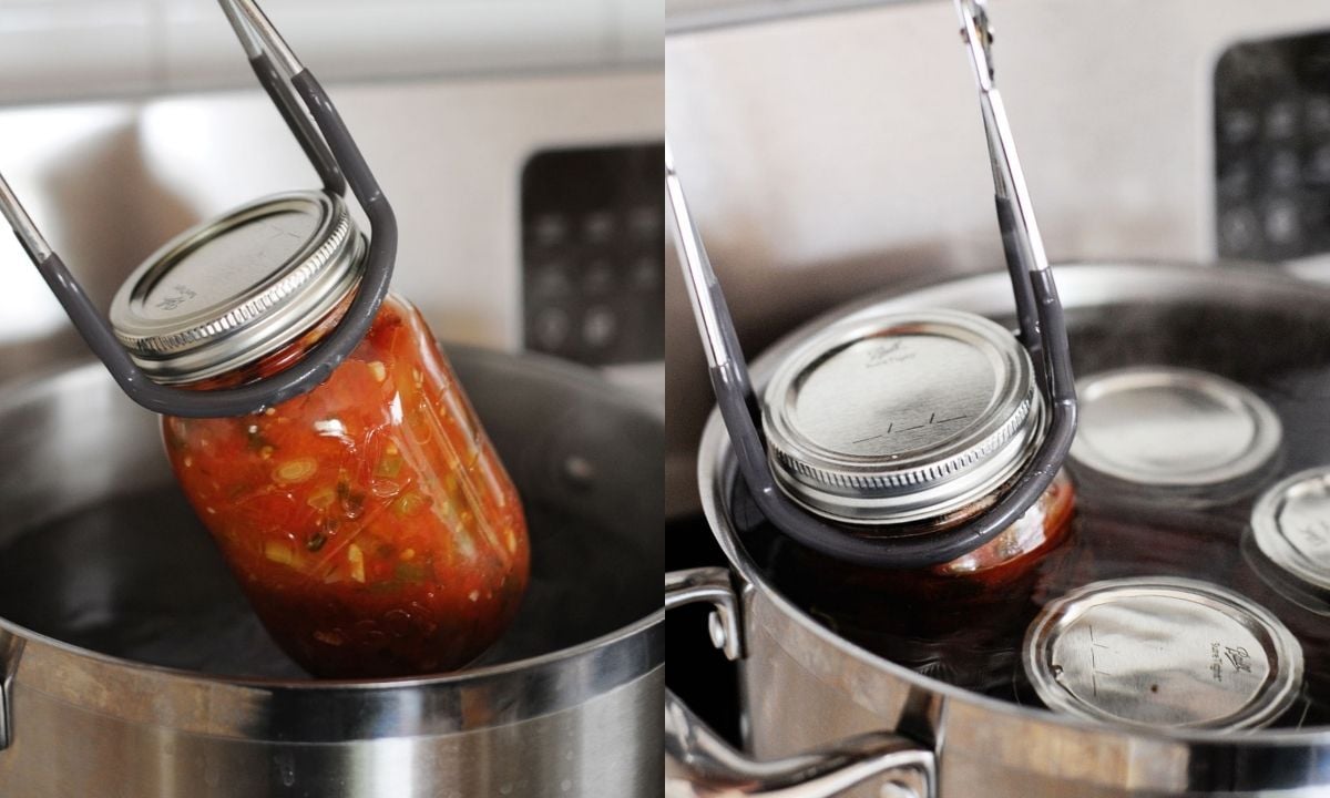 two image collage. on left inserting a filled jar of homemade salsa inside a canner with canning tongs. on right, processing the jars in the canner beginning process of taking them out with tongs