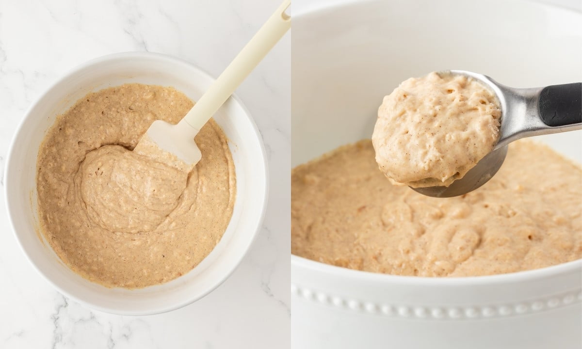 side by side image of a bowl of Peanut butter banana pancake batter on the left and on the right, a scoop showing a close up of the batter texture