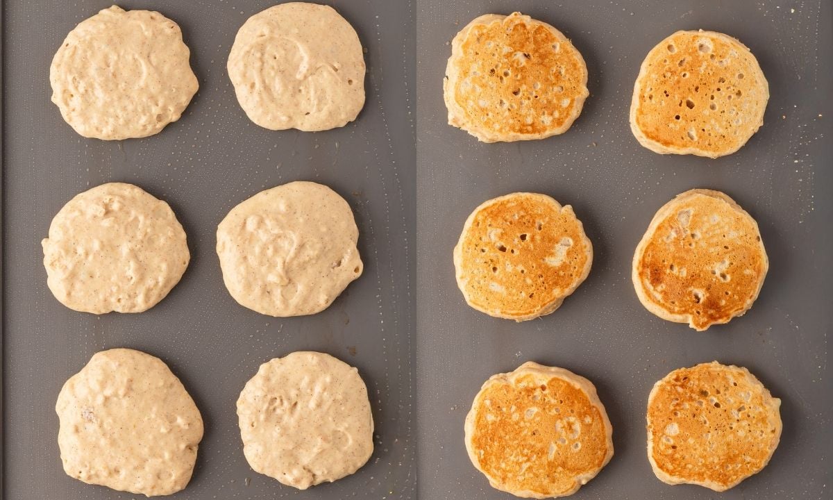 side by side image of cooking Peanut butter banana pancakes on a non-stick griddle. On left is the first side and on the right is after flipping the pancakes over