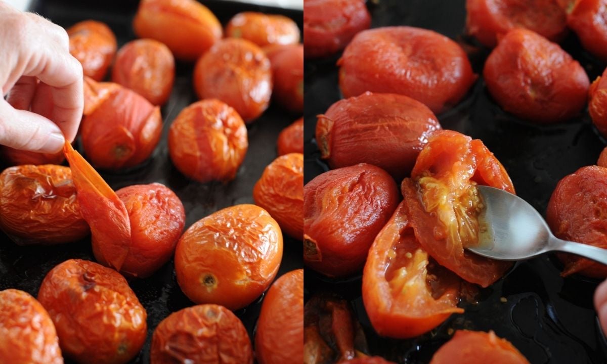 side by side image of peeling tomatoes for canned salsa (on left) and removing the seeds and insides with a spoon (on right)