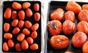 side by side of roasting tomatoes for canning salsa. on left before roasting, on right, after roasting you can see skin peeling off away from tomatoes