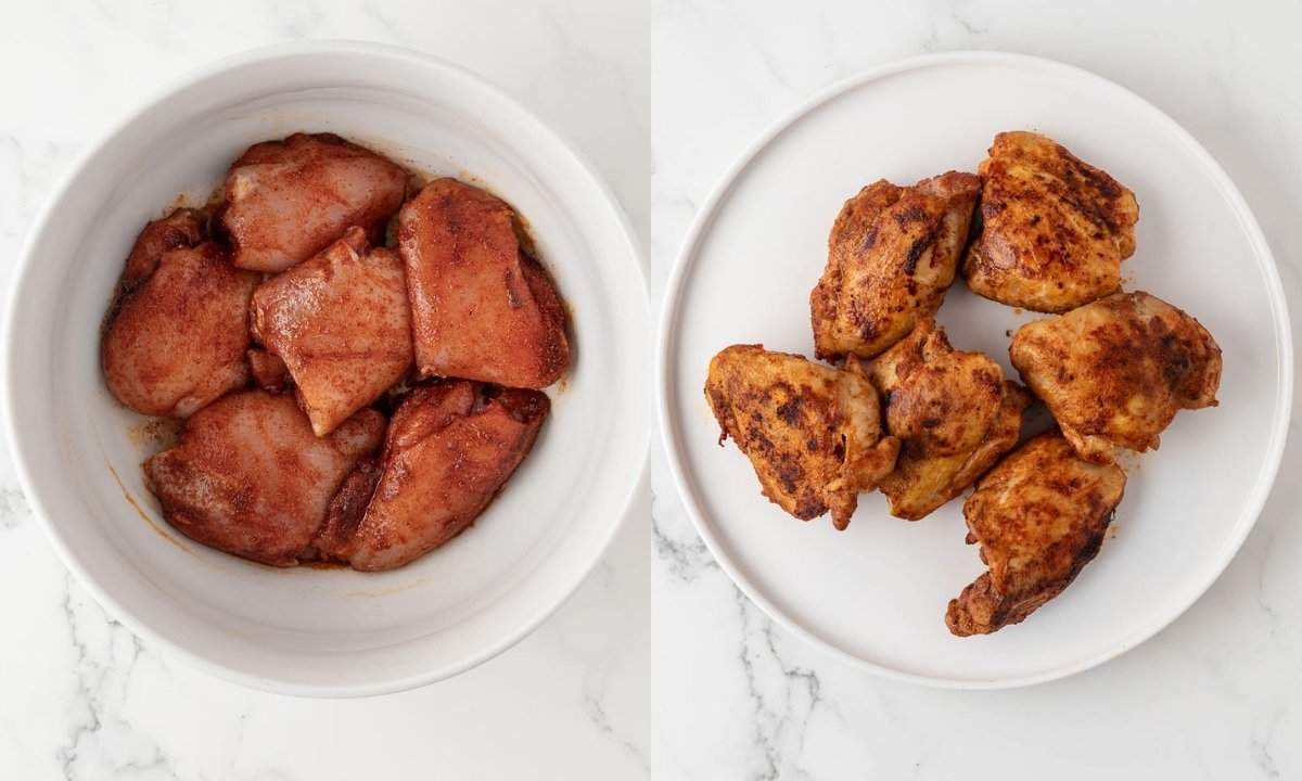 2 image collage. on left, boneless skinless chicken thighs in a bowl seasoned with spanish seasoning and on right, the chicken thighs have been seared on a plate.