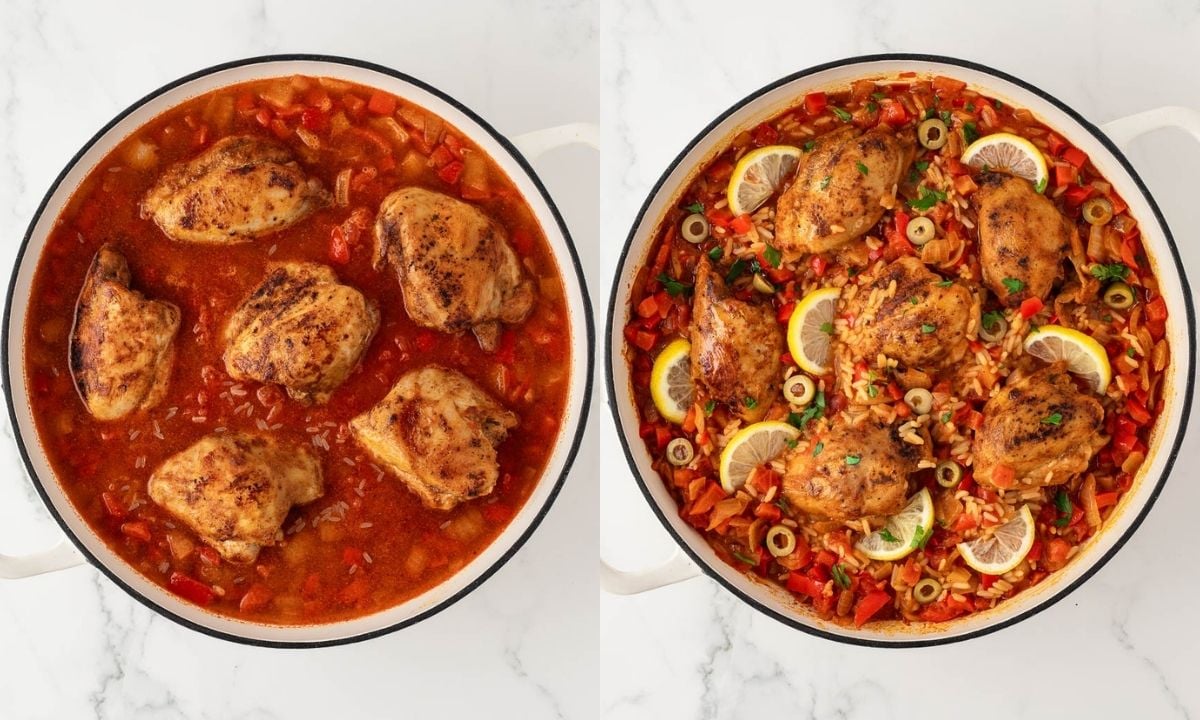 2 image collage of how to make spanish chicken and rice. On left, the overhead view of the pan with the rice and tomatoes and liquid with seared thighs on top before cooking and on right, the rice has cooked and it's been garnished with lemon slices.