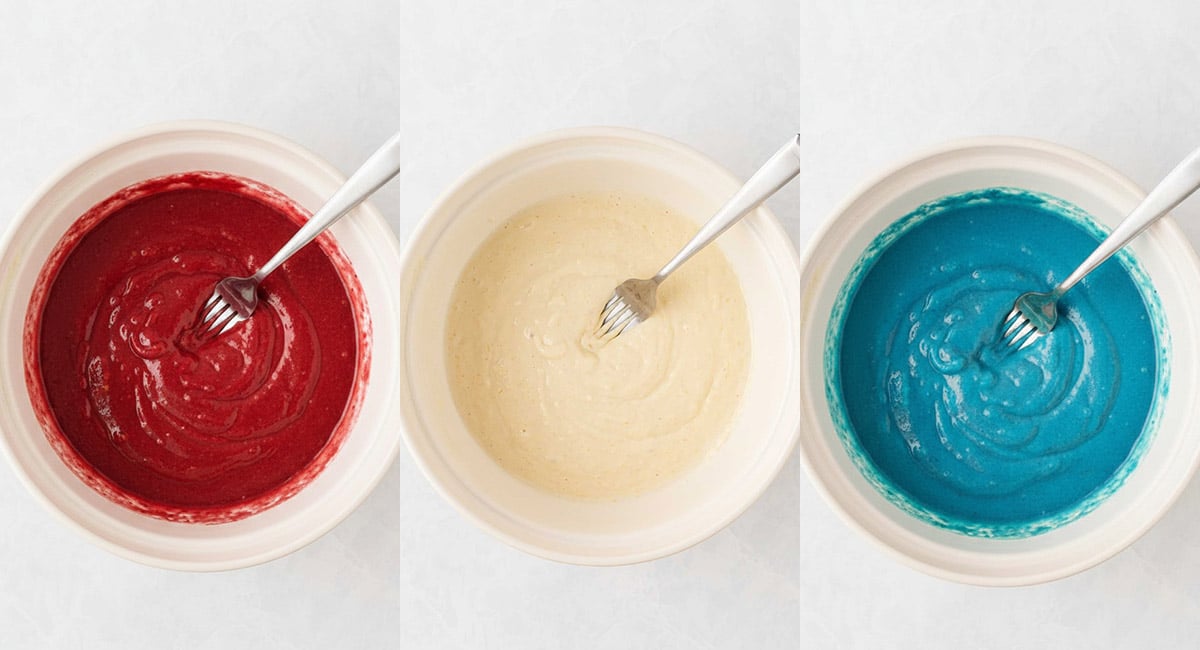 3 image collage. On left, is a bowl of red pancake batter. In the middle is a bowl of white pancake batter, on the right is a bowl with blue pancake batter.