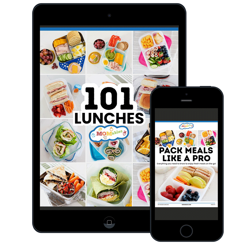 Ipad and iphone displaying the 101 packed lunches ebook