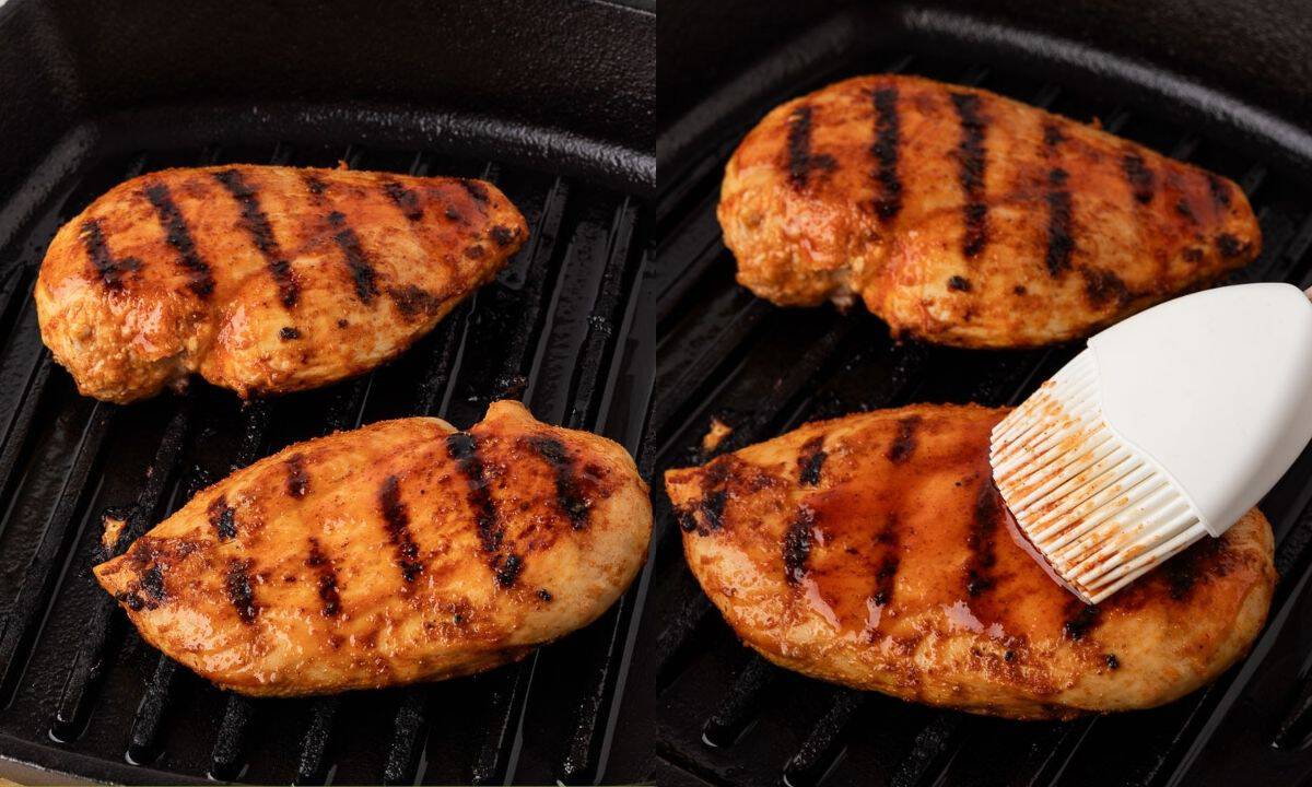 Juicy grilled buffalo chicken breasts with char marks on a grill.