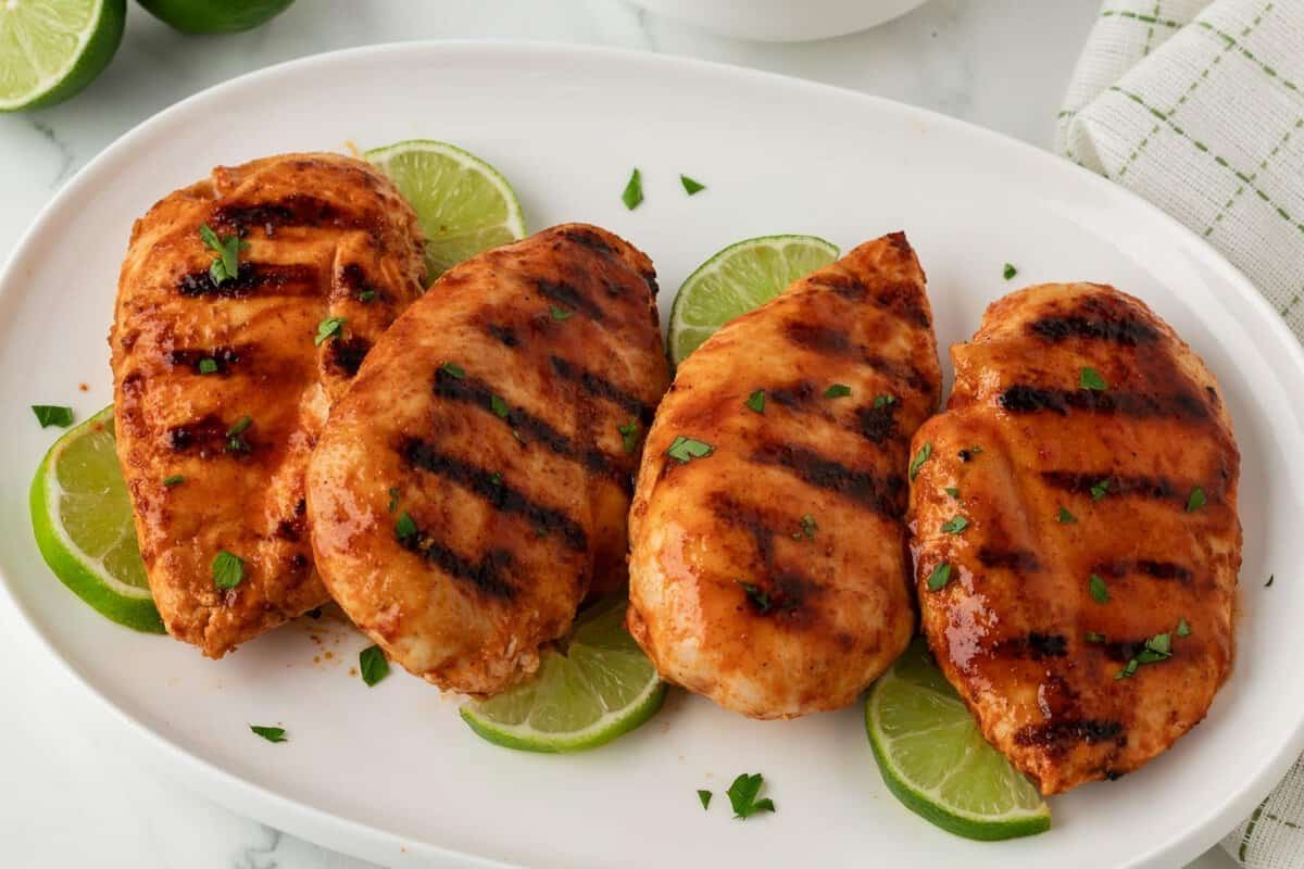 overhead view of grilled Buffalo chicken breasts on a plate with lime wedges
