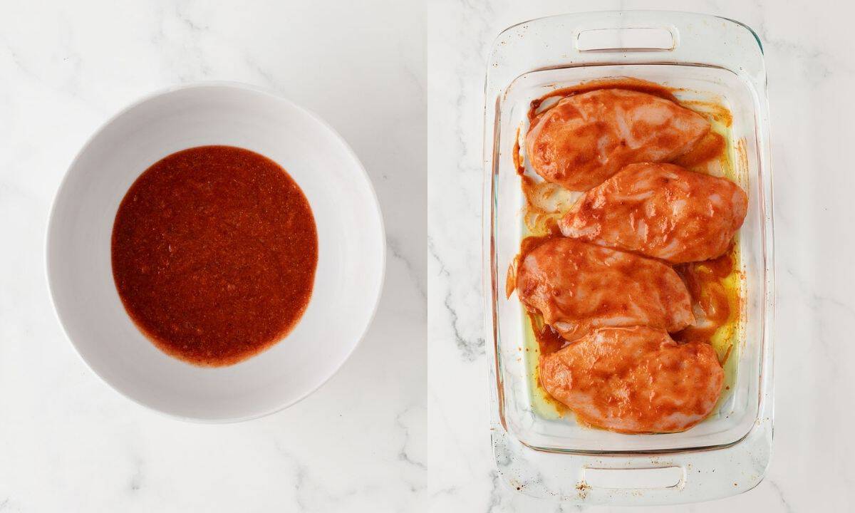 side by side image of buffalo chicken sauce in a bowl on left and chicken breasts marinating in the buffalo chicken marinade