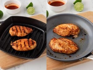 cooking buffalo chicken breasts on a grill pan on left and cooking them on a nonstick regular pan