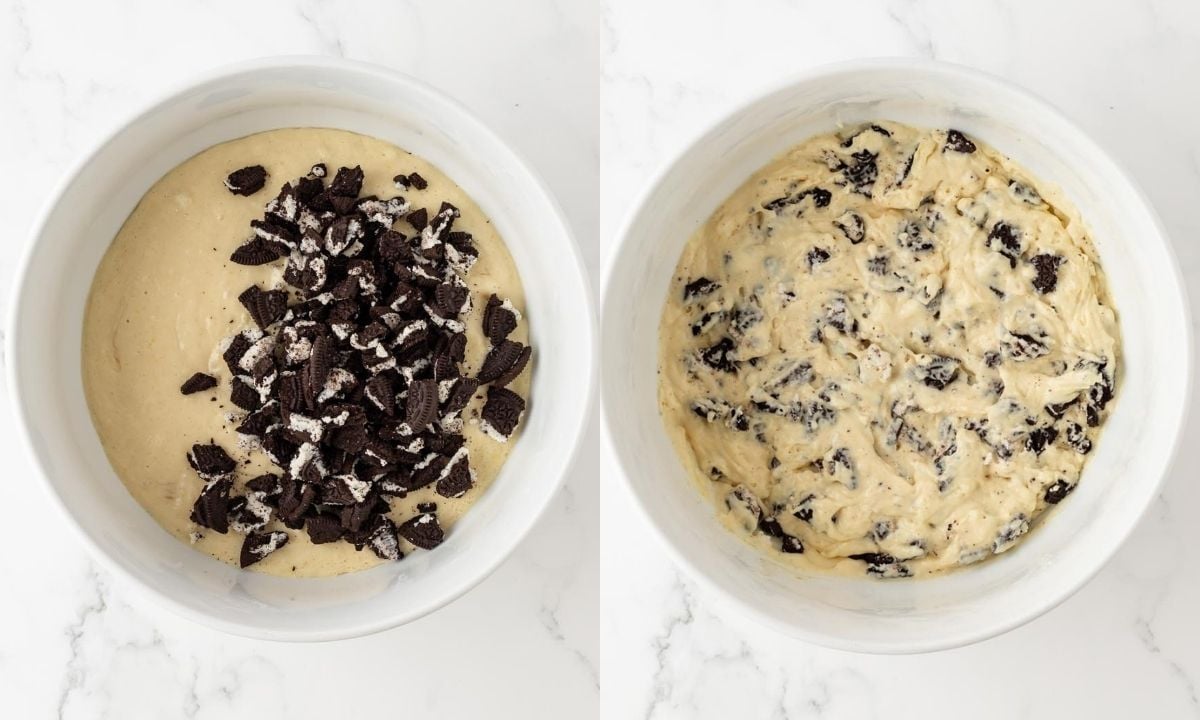 two image collage. on left is pancake batter with broken oreos on top. on the right is the oreo pancake batter after they've been mixed