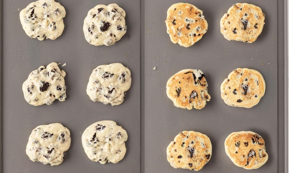 two image collage of cooking oreo pancakes. on left cooking the first side showing the oreos in the batter. on the right is after flipping the oreo pancakes over showing the golden color
