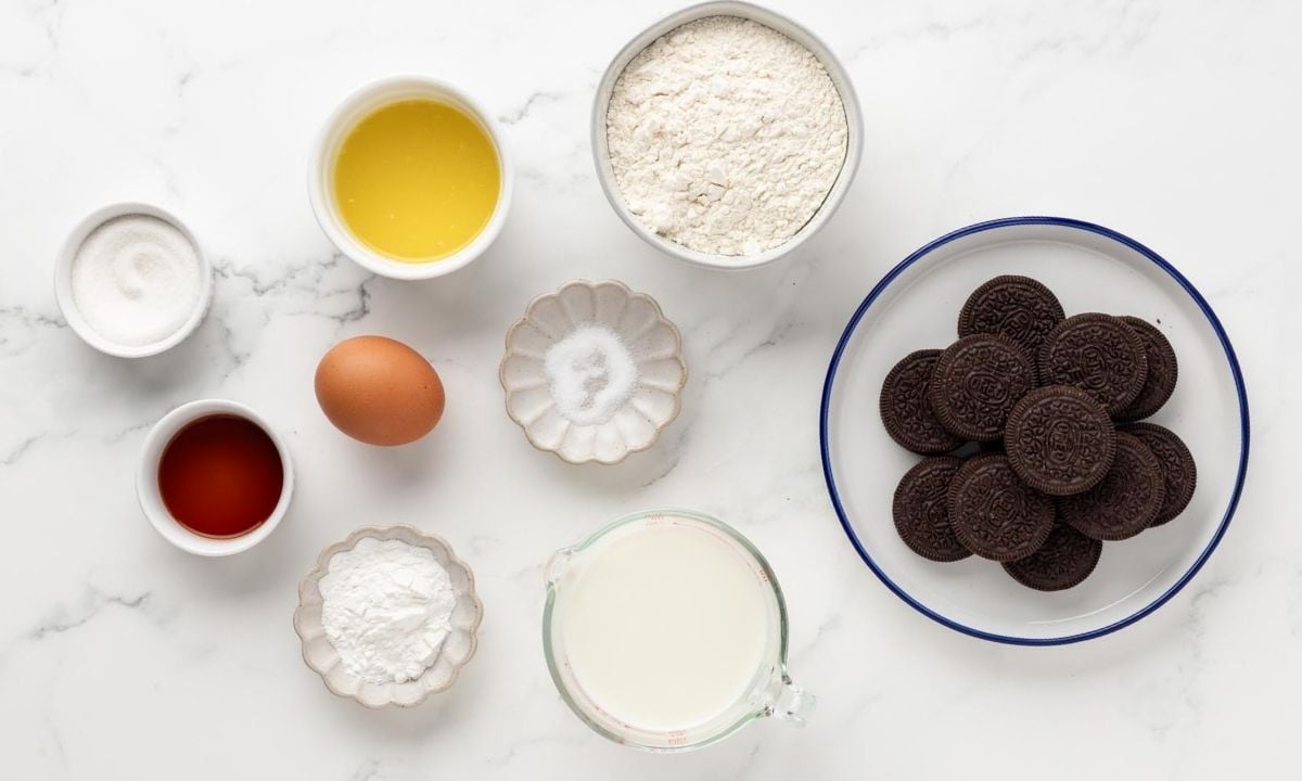overhead view of ingredients needed to make oreo pancake batter