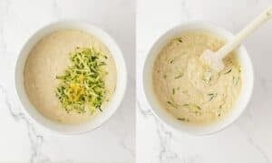 side by side image of zucchini pancake batter. on left is adding the grated zucchini into the bowl and on the right is after mixing with the batter