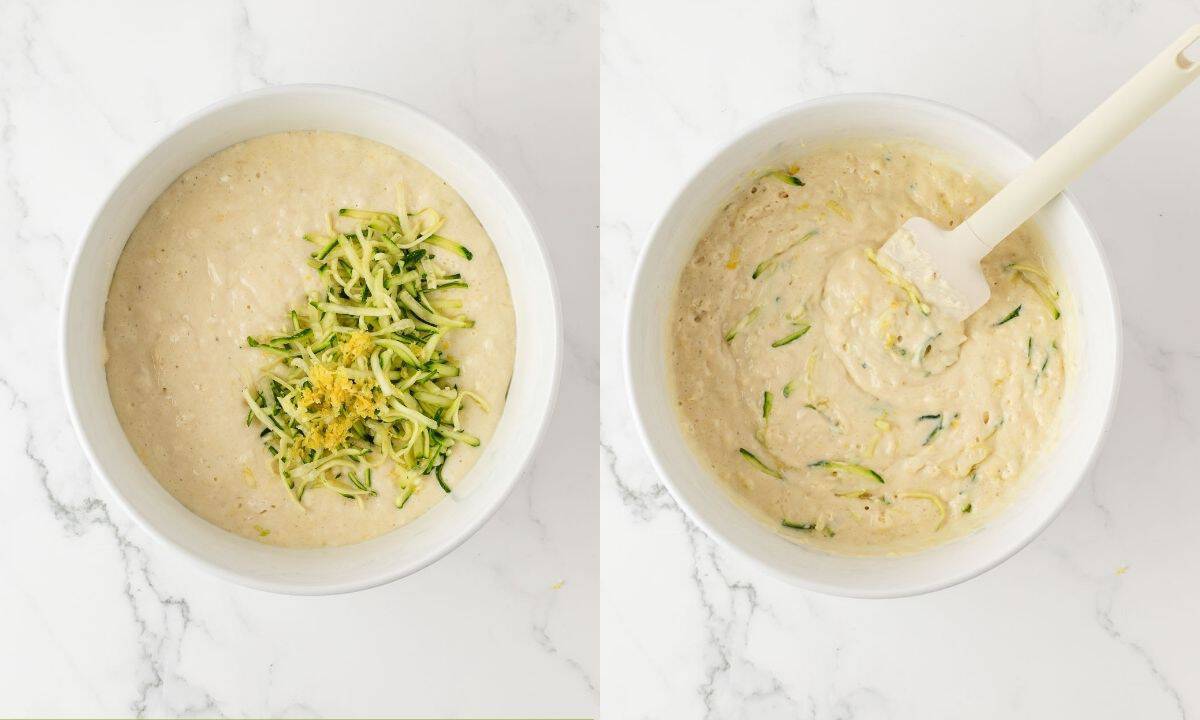side by side image of zucchini pancake batter. on left is adding the grated zucchini into the bowl and on the right is after mixing with the batter