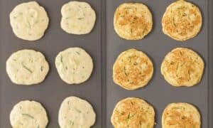 side by side image of cooking zucchini pancakes on a griddle. first side is on the left after flipping on the right