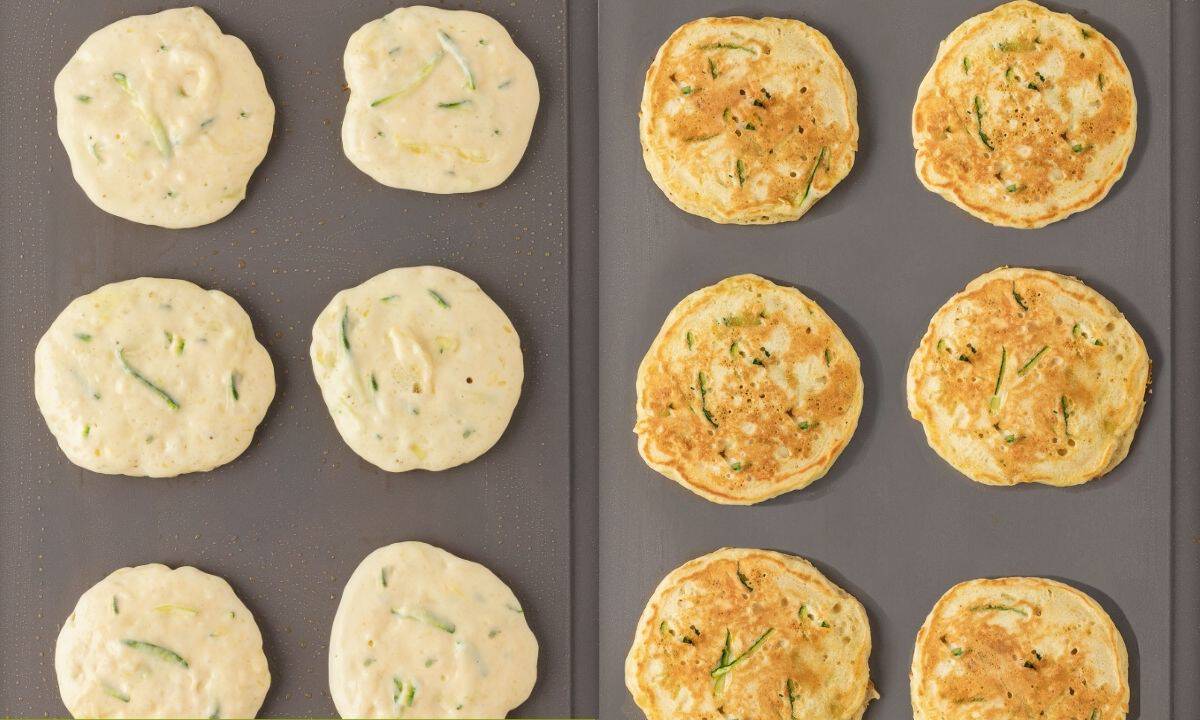 side by side image of cooking zucchini pancakes on a griddle. first side is on the left after flipping on the right