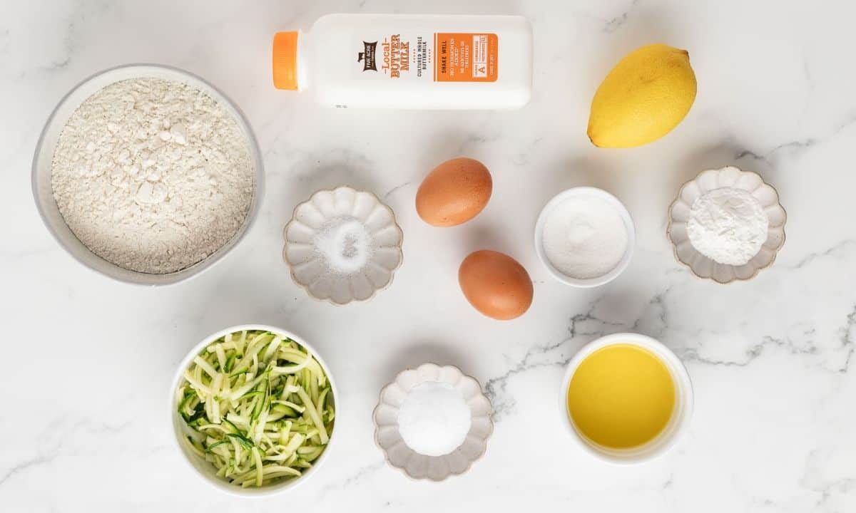 overhead view of ingredients needed to make zucchini pancakes recipe