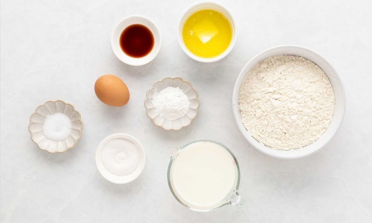 overhead image of ingredients for pancakes from scratch recipe
