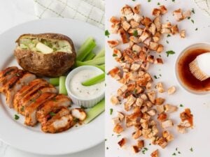 side by side serving options of buffalo chicken breast. on left on a plate on the right chopped up