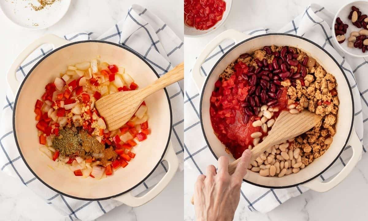 two image collage. on left sauteeing vegetables and seasonings for ground chicken chili, on right, adding the ground chicken and the other ingredients into pot