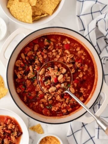 overhead view of a pot filled with ground chicken chili