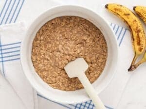 overhead view of the banana oatmeal muffin batter to show the texture before baking